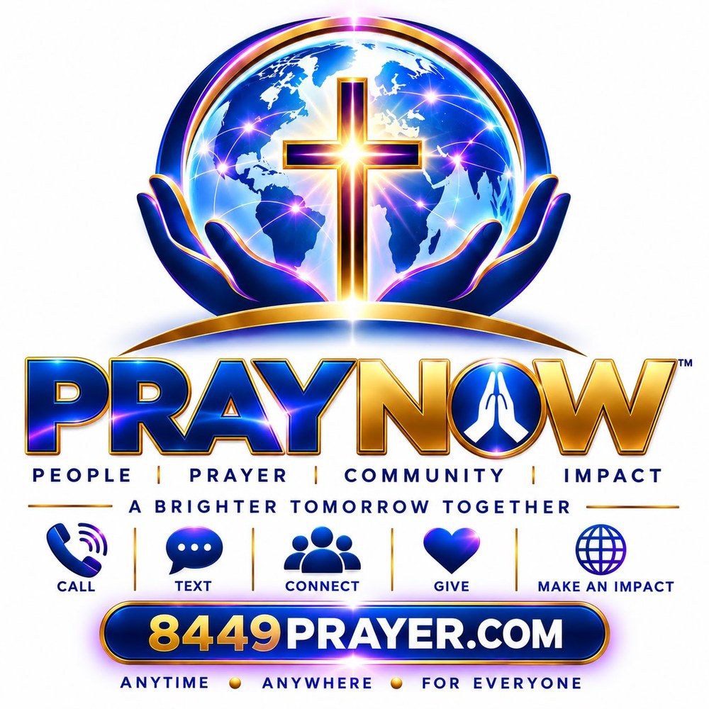 PRAYNOW — a cross shining over the earth, held in cupped hands. 8449PRAYER.COM